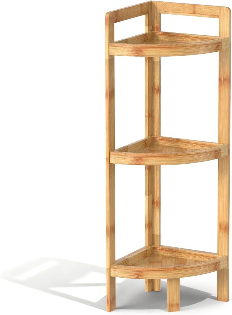 2026 New Bamboo Standing Shelf, 3 Tier Corner Shelf Stand, Free-Standing Shelf Units, Triangular Curved Corner Shelf Stand for Space-Saaving Display Ideal for Bathroom/Kitchen/Living Room Storage