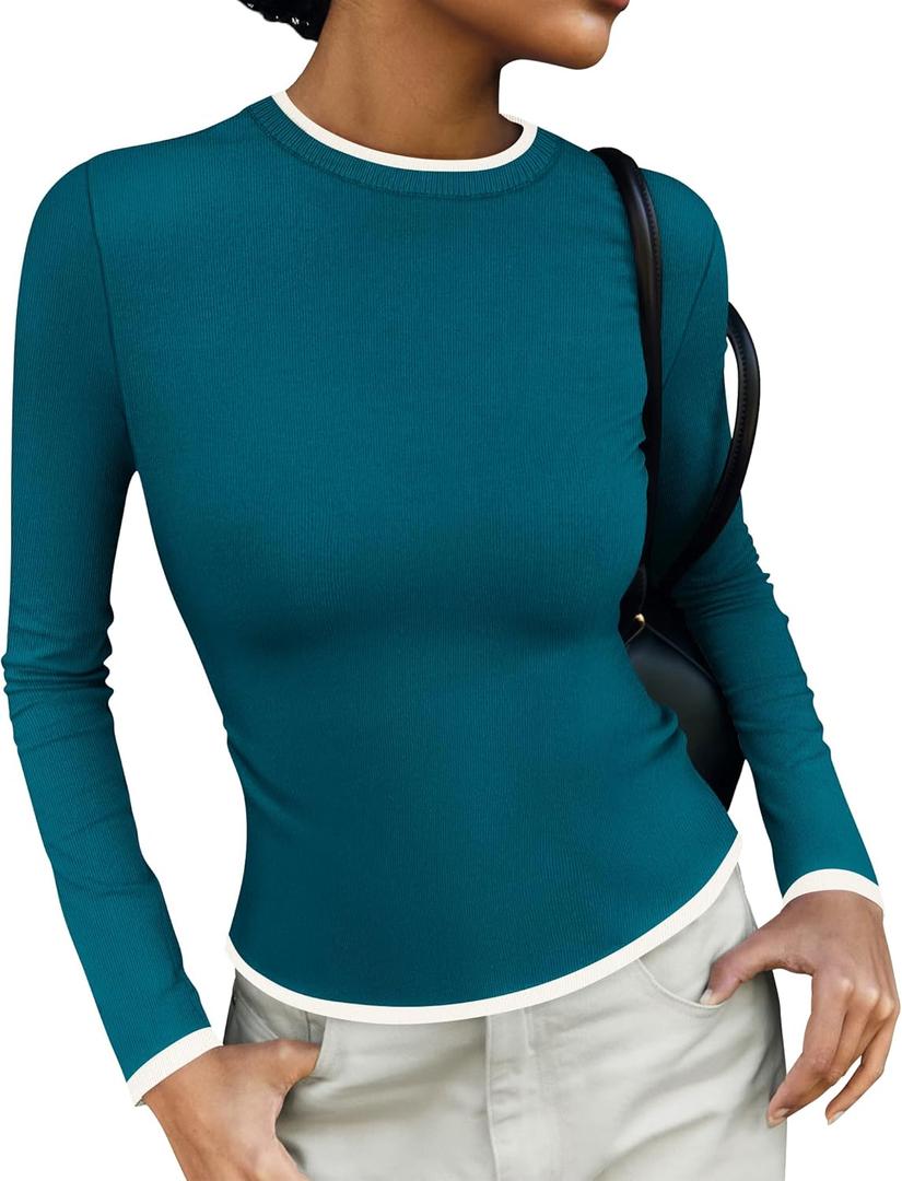ZESICA Women's Long Sleeve Crewneck Shirts Spring Knit Slim Fitted Casual Basic Tee Sweater Tops (X-Large, Teal)