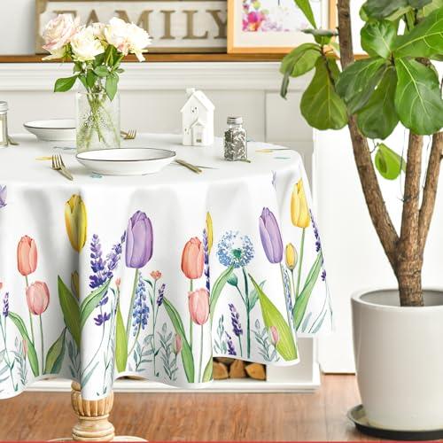 Horaldaily Spring Summer Tablecloth 60x60 Inch Round, Easter Watercolor Wild Flowers Tulip Lavender Blooming Floral Table Cover for Party Picnic Dinner Decor