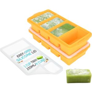 XOMOO Silicone Freezer Tray With Lid - Soup Freezer Container molds - Large Ice Cube Tray- makes 8 perfect 1 cup portions cubes, 2-Pack Freezer Storage Food Soups & Meal Prep - Oven & Dishwasher -Safe