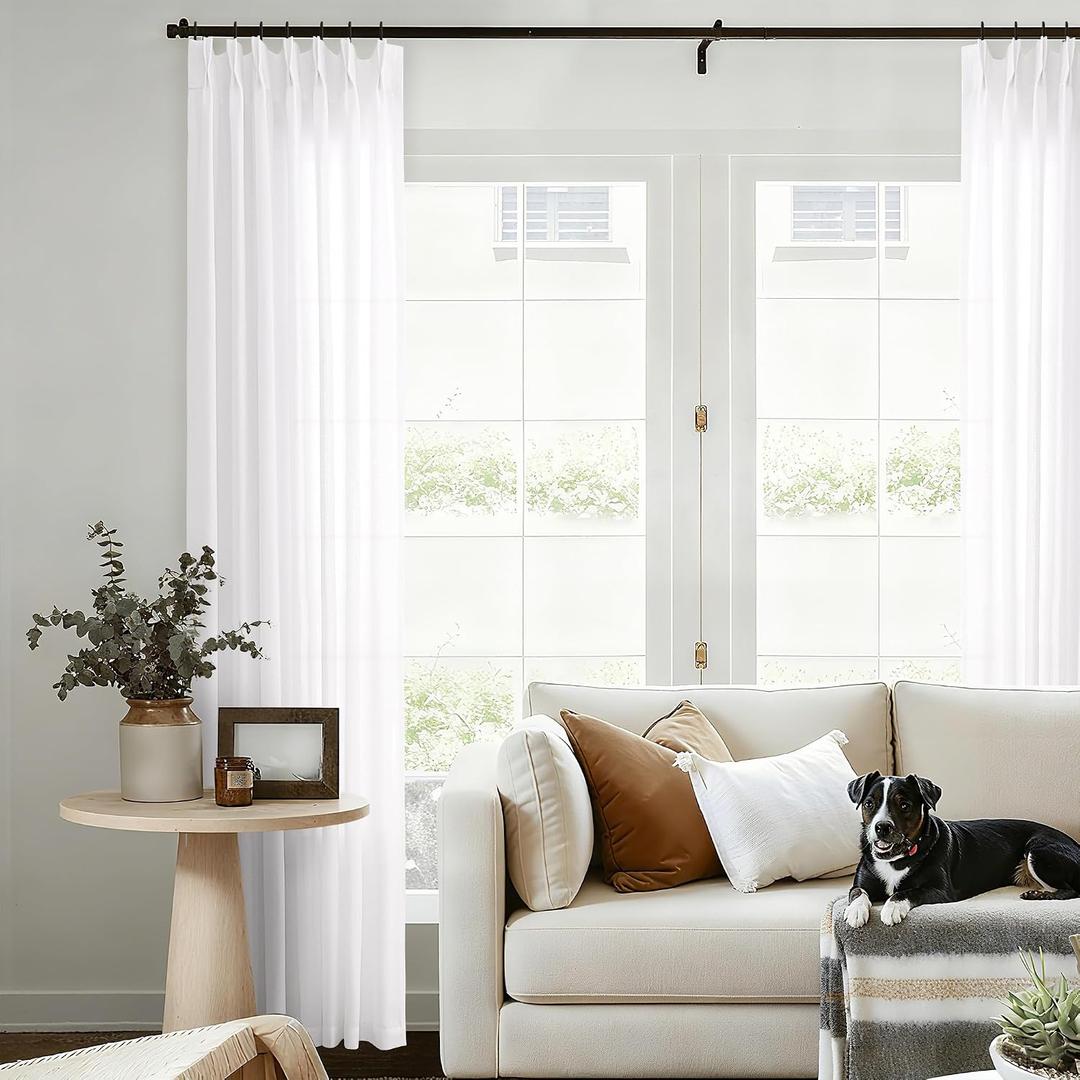 White Pinch Pleated Linen Curtains 96 Inches Long for Living Room Bedroom Cotton Neutral Light Filtering Semi Sheer 96 Inch Curtains Ceiling Floor Custom Made Pinch Pleat Drape with Hooks Rings 8FT