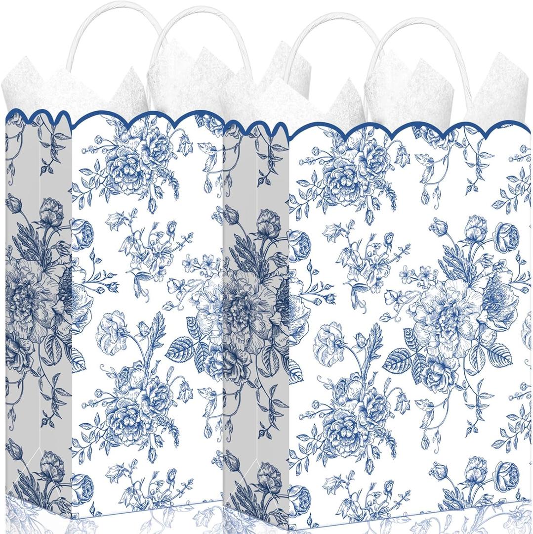 Kolldenn 24 Pcs Blue Floral Party Favor Bags with Handles 10 x 5 x 13 Inch Large Scalloped Wildflower Goodie Candy Gift Treat Bags for Birthday Decoration for Bridal Baby Shower Party Supplies