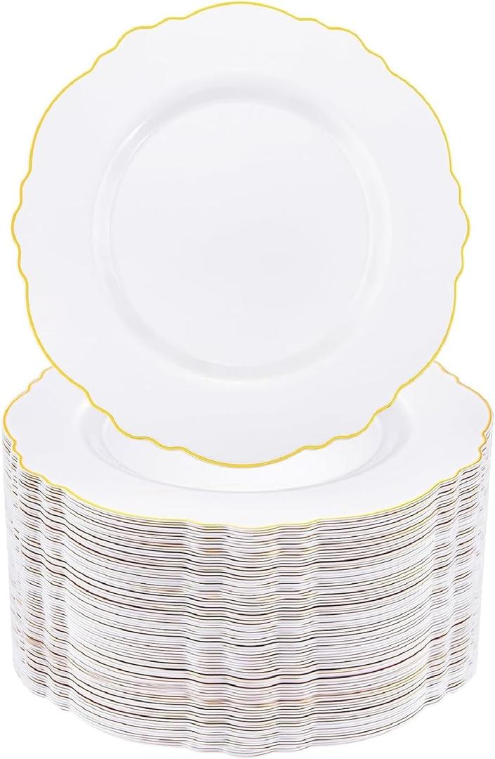 WDF 60pcs Gold Plastic Dinner Plates -10.25inch Baroque White and Gold Plates Fancy Plastic Plates for Upscale Party/Wedding/Birthday