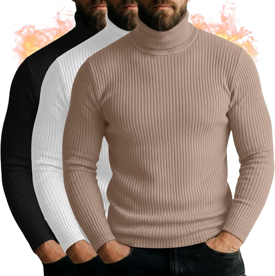 Neer 3 Pack Men's Turtleneck Long Sleeve Shirts Ribbed Sweater Mock Neck Pullover Tops Casual Knit Slim Fit Layer Basic Tee (Khaki, White, Black)