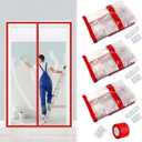 Preboun 3 Sets Magnetic Dust Barrier Zipper Door Kit 4' x 7.5' Construction Plastic Dust Barriers Plastic Door Curtain for Construction Self Closing Curtain for Doorways Room (Red)