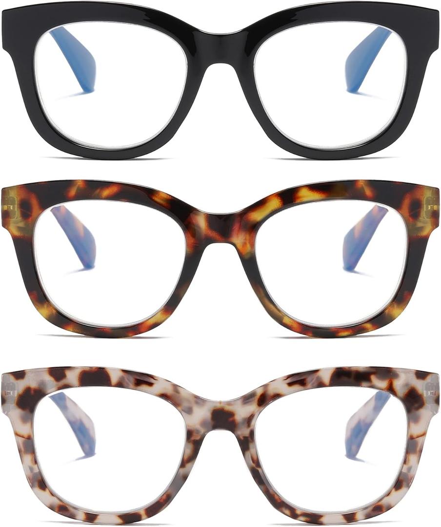 3 Pack Oversized Blue Light Blocking Reading Glasses for Women, Retro Style Readers with Spring Hinge +1.00 (Black&leopard&grey Leopard)