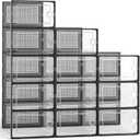 Kuject Large Shoe Organizers Storage Boxes for Closet, 12 Pack Clear Plastic Stackable Storage Bins with Lids, Under Bed Shoe Containers for Entryway, Drop Front, Fit up to Women's Size 10,Black