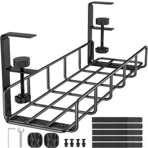 15.7 Under Desk Cable Management Tray, No Drill Steel Cable Tray Organizers, Wire Management Tray Cable Rack with Clamp Mount, Metal Under Desk Tray with Wire and Cord Organizer (Black, 1 Pack)