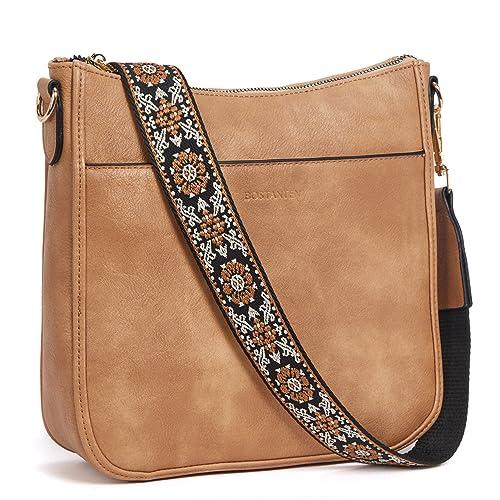 BOSTANTEN Crossbody Bags for Women Trendy Vegan Leather Hobo Purses Shoulder Handbags With Wide Shoulder Strap Camel Brown