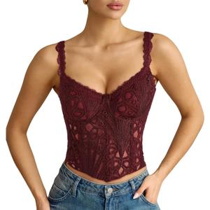 LEACOOLKEY Lace Corset Top for Women Sexy Sheer Floral Bustier Going Out Lace-up Bralette Club Party Concert Crop Top (L)