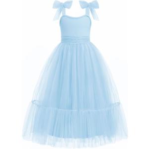 Arshiner Girls Summer Sleeveless Bow-Tie Straps Party Long Tulle Dresses | Girls Tween Summer Birthday Dress For Kids 6-14 Years (Blue)