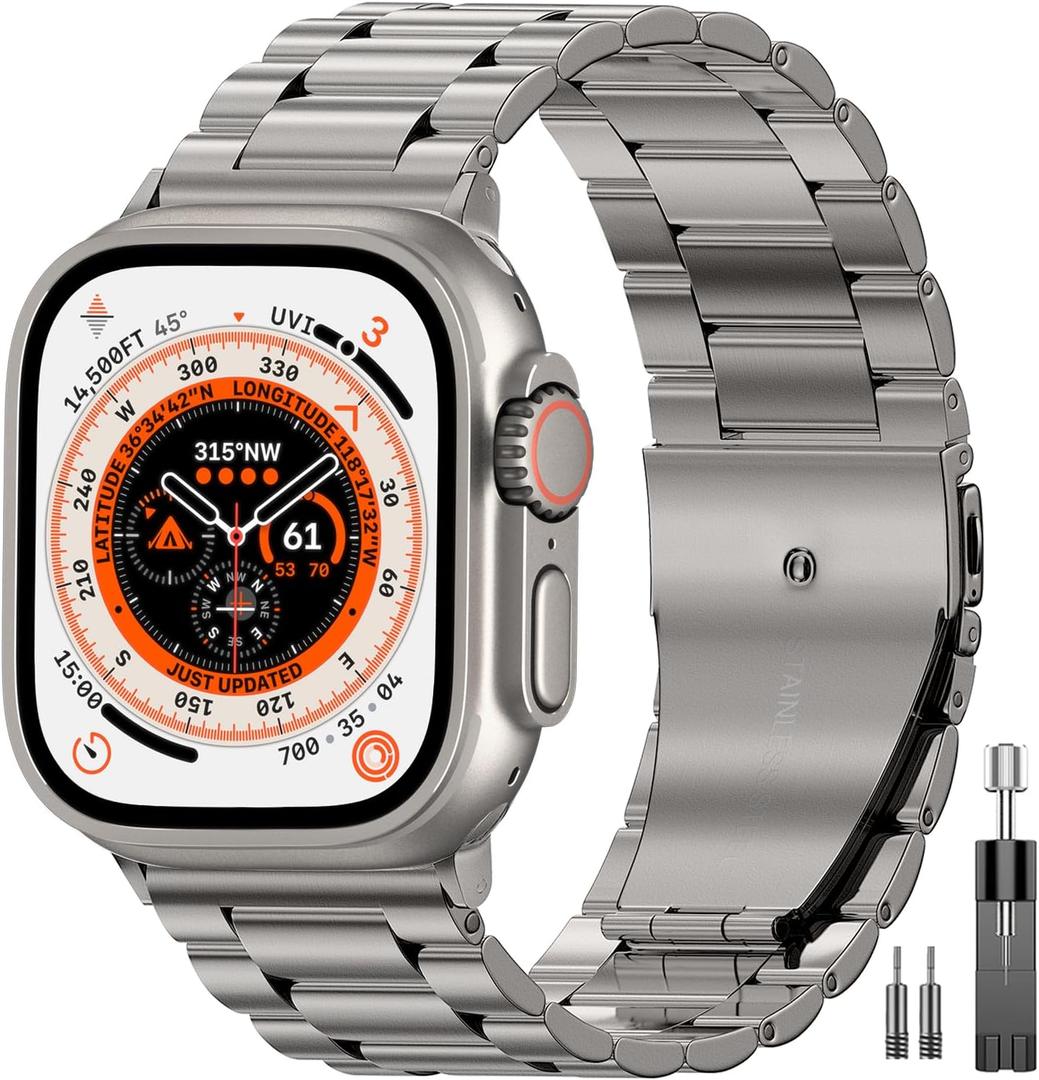 EPULY Compatible with Apple Watch Band 49mm 45mm 44mm 42mm 41mm 40mm 38mm, Business Stainless Steel Metal Watchband for iWatch Band Series 9, Ultra 2, SE, Ultra Series 8 7 6 5 4 3 2 1 Men & Women (Titanium)