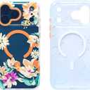 YeLoveHaw Clear Phone Case for iPhone 17 Pro [Compatible with MagSafe] Slim Magnetic Protective Cover with Floral Pattern & Silver Lines, Cute Aesthetic Flower Case for Women Girls  Orange Flowers