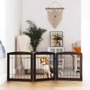 PAWLAND Free Standing Dog Gates for The House Stairs Doorways Indoor Foldable Wooden Small White Puppy Pet Gate Step Over Fence 60" W 24" H 3 Panels Espresso