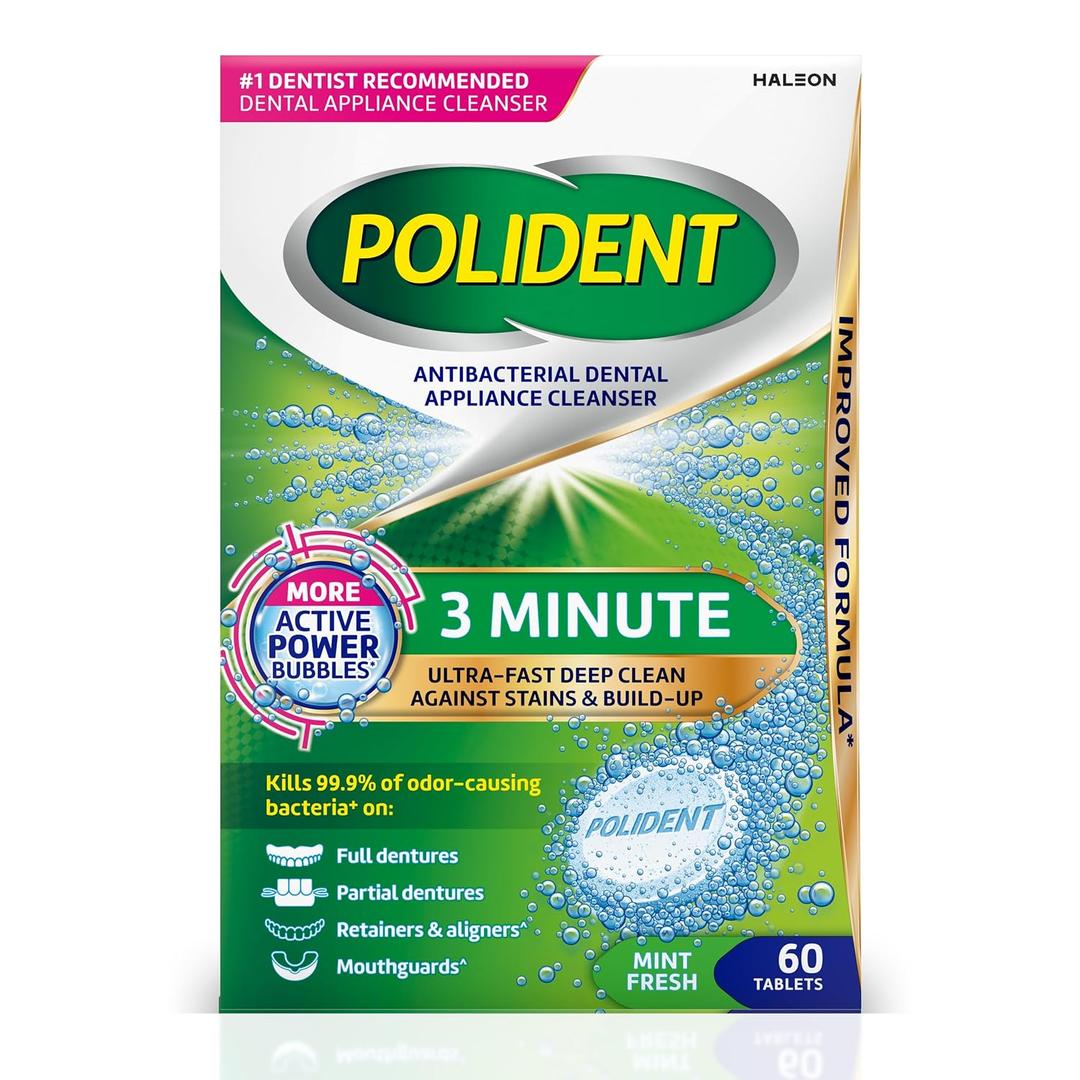 Polident 3 Minute Antibacterial Dental Appliance Cleanser Tablets, Retainer Cleaner Tablets, 60 Count, EXP: 05/31/2028