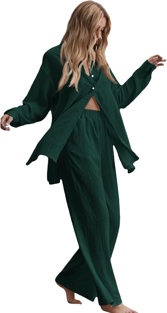 Floerns Women's 2 Piece Outfits Slit Hem Longline Blouse and Wide Leg Pants Set (Large, Dark Green)