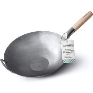 Flat Bottom Carbon Steel Wok Pan - Authentic Hand Hammered Woks and Stir Fry Pans - 14" Pow Wok
