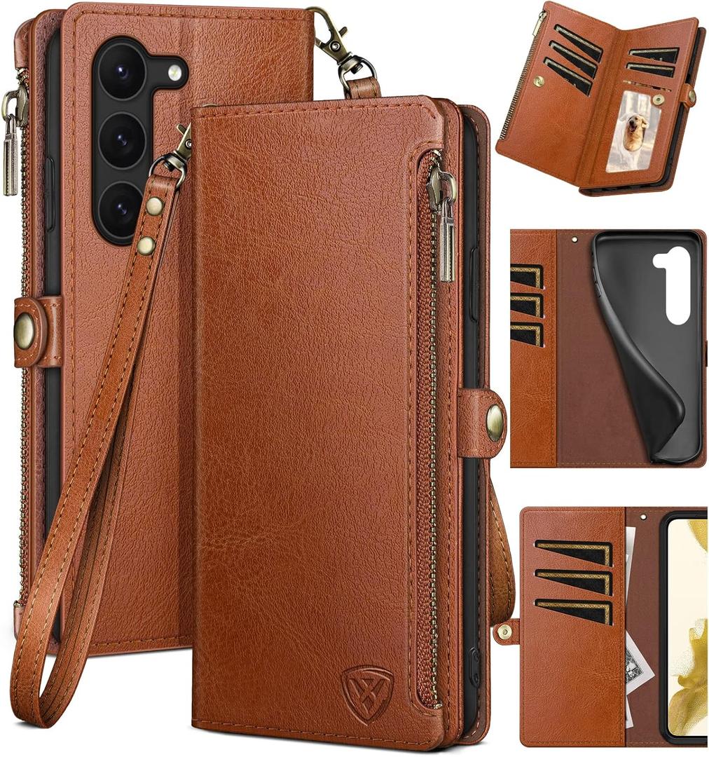 XcaseBar for Samsung Galaxy S23 5G Wallet case with Zipper RFID Blocking Credit Card Holder, Flip Folio Book PU Leather Phone case Shockproof Cover Women Men for Samsung S23 case Light Coffee