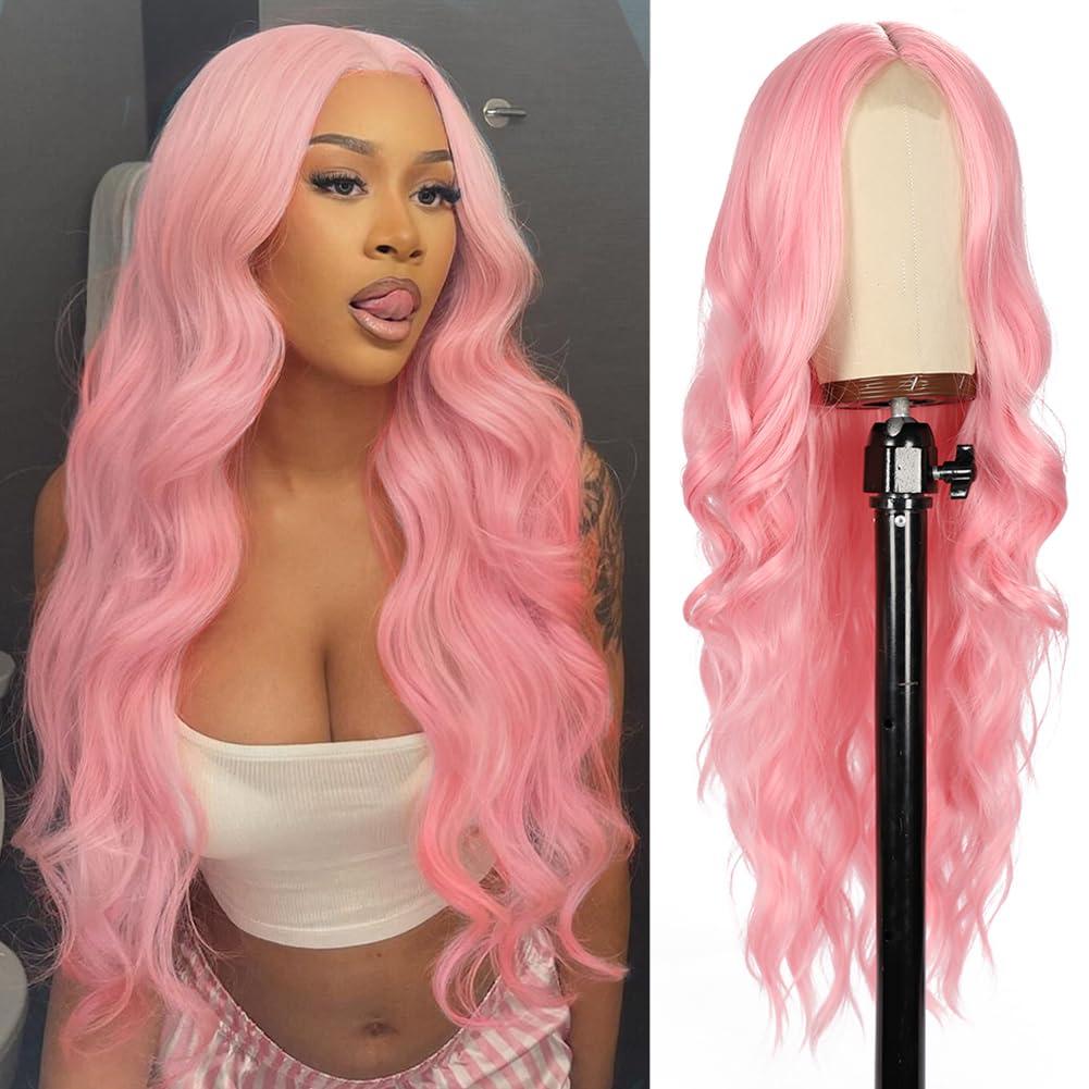 Colorful Queen 26 Inch Pink Wig Long Wavy Pink Wigs for Women Middle Part Synthetic Heat Resistant Wig for Daily Party Cosplay Use