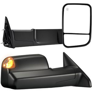 Tow Mirrors Compatible with 2009-2018 Dodge Ram 1500, 2010-2018 2500 3500, Flip Up Extended Trailer Towing Side Mirrors with Turn Signal, Power Heated, Black