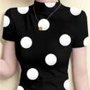 SHENHE Women's Mock Neck Short Sleeve Tee Shirt Polka Dots Slim Fitted Stretch Going Out Top (Black, L)
