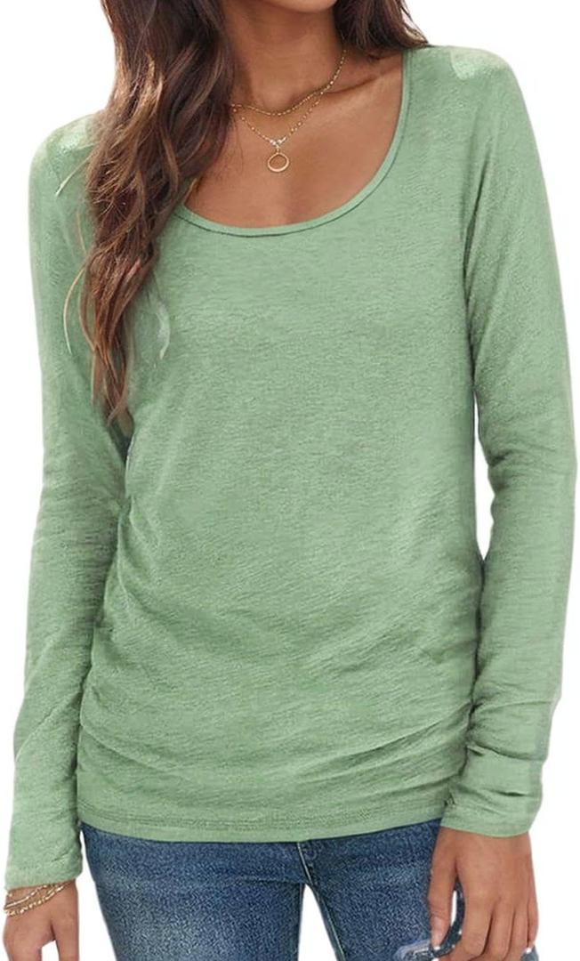 Casual Womens Long Sleeve Shirts Loose Fit Scoop Neck Soft Solid Basic Tee Tops Trendy (Large, Light Green)