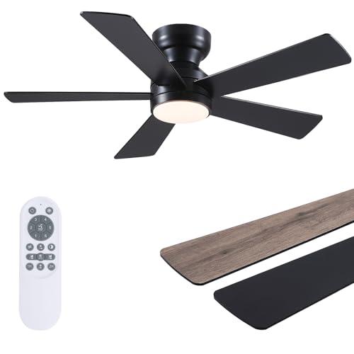 Black Ceiling Fans with Lights - 46" Flush Mount Ceiling Fan with Remote and 5 Reversible Blades, 3CCT Dimmable, 6 Wind Speeds&2H Timer, Indoor Low Profile Fan Light Fixture for Modern Bedroom