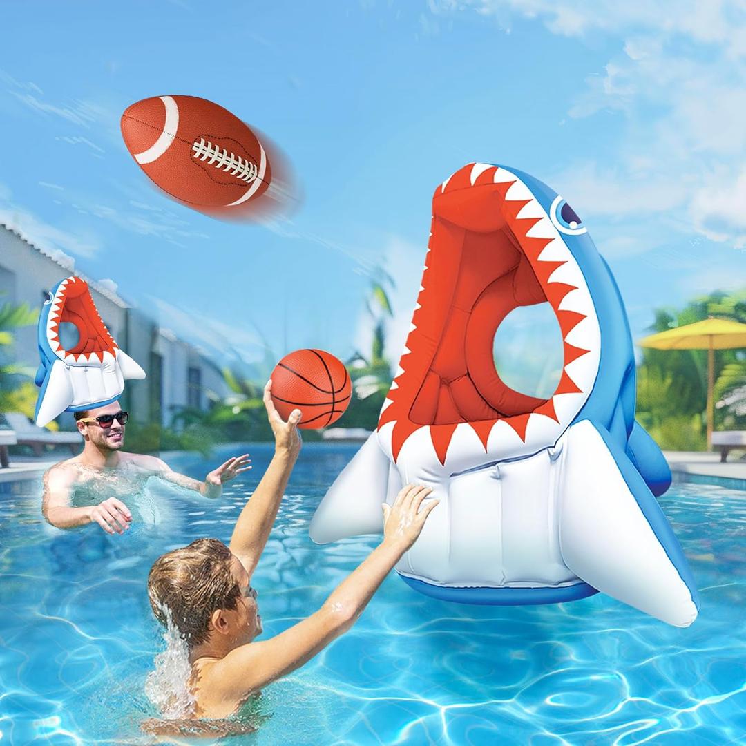 iPlay, iLearn Kids Shark Pool Toy, 3-in-1 Inflatable Pool Game Basketball Football Hoop Balls Toss Game, Toddler Floating Water Toy, Outdoor Yard Beach Summer Party Gift 3 4 5 6 7 8 Year Old Boy Girl