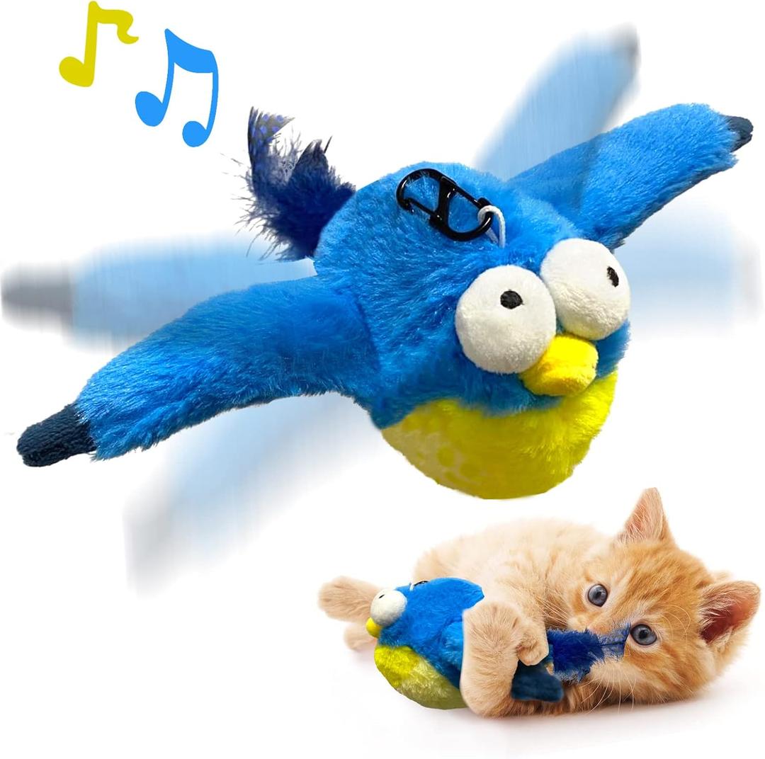 KreizyGo Cat Toys, Flapping Wings Blue-Bird, No Flying, Chirping Bird Interactive Catnip Toy for Kitten or Small Dogs, Touch Activated, Rechargeable