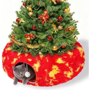 Cat Tunnel Christmas Tree Skirt - Christmas Cat Toy Circle Tunnel with Toy Ball, Soft Plush Multifunctional Decorative Cats Tunnels Bed for Indoor Cats(Red)