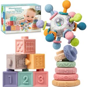SpringFlower 3 in 1 Montessori Toys for Babies 0-3-6-12 Months, Rattle Teether & Baby Blocks & Soft Stacking Rings, Sensory Developmental Education Toys,Gift for Toddler Baby 0-3-6-12-18 Months