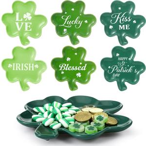 6 Pcs St. Patrick's Day Plates 5.91 Inch Shamrock Dishes Irish Shamrock Candy Treat Cookie Goodie Plates Ceramic Snack Dishes for Irish Party Festive Celebrations