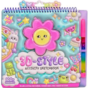 Just My Style 3D-Style Activity Book, 30 Pages of Coloring Activities, Includes Sticker, Glitter-Filled Pen, & Bonus Flower Keychain, Squishy 3D Cover, Drawing Pad for Kids, Sketchbook for Drawing (Multi)