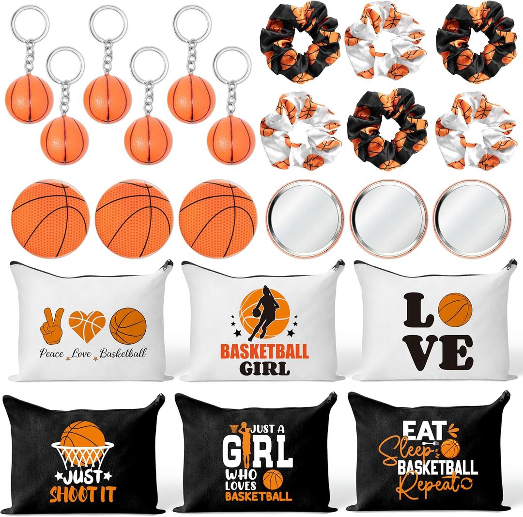 Y1tvei Basketball Party Favors Gifts - 30Pcs Basketball Makeup Bags Include Compact Mirrors Scrunchies Keychain, Stylish Cosmetic Pouch Team Sports Accessory Gift for Women Birthday Basketballs Party