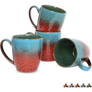 Bosmarlin Ceramic Coffee Mug Set of 4, 17 Oz, Coffee Cups with Big Handle, Microwave Safe, Unique Reactive Glaze (Blue&Red)