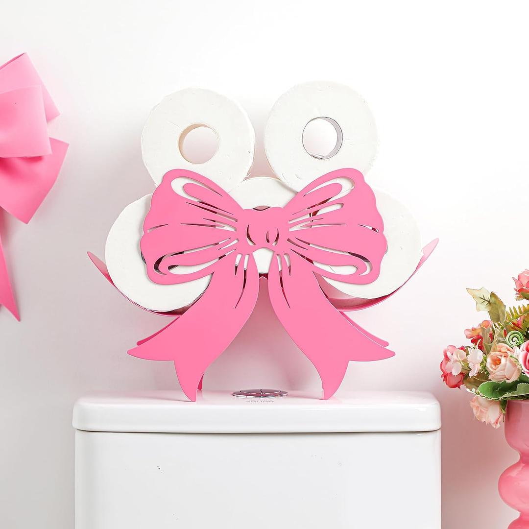 Geelin Bow Metal Toilet Paper Storage Holder Christmas Bow Bathroom Decor 8 Rolls Decorative Toilets Paper Holder Wall Mounted for Bathroom Kitchen Bedroom Coquette Home Decor(Pink)