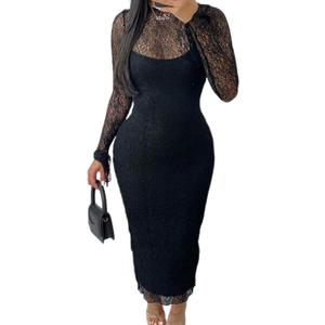 Sexy Lace Dresses for Women Long Sleeve Midi Dress Elegant Bodycon Cocktail Dresses Club Date Night Outfit (Black, XL)
