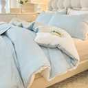 Boho Comforter Set Queen Size Striped Pleats Bohemian Seersucker Bedding Set All Season Soft Cozy 3 Pieces Quilt with 2 Pillowcases (90"X90" Light Blue)