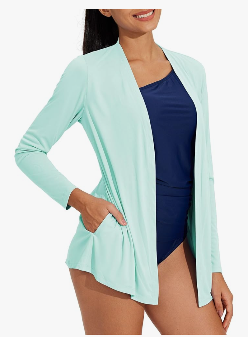 Womens Thin Summer Cardigan Long Sleeve Open Front Upf50 Uv Spf Sun Protection Lightweight Cover Up Thumb Holes with Pockets, Size Large 