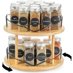 Yopay Lazy Susan Organizer 2 Tier, Bamboo Rotating Spice Rack for Kitchen Countertop Cabinet, Spinning Makeup Turntable Organizer with Steel Side for Vanity, Dining Table, Pantry, Condiments, 11 Inch