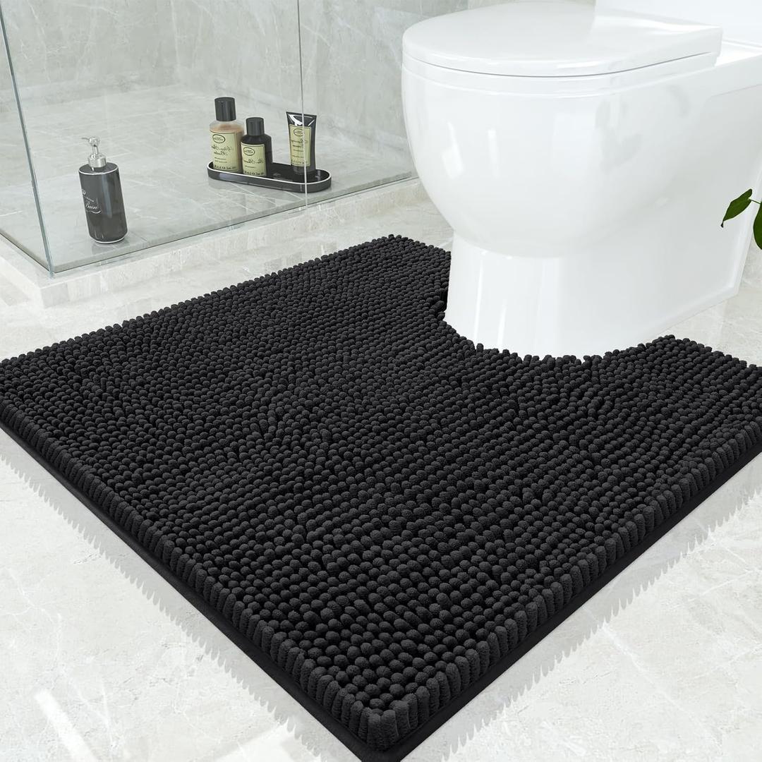 Smiry Luxury Chenille Toilet Rugs U-Shaped 24x24, Soft Absorbent Non-Slip Contour Bathroom Rugs for Toilet, Machine Washable Contoured Bath Mats, Black