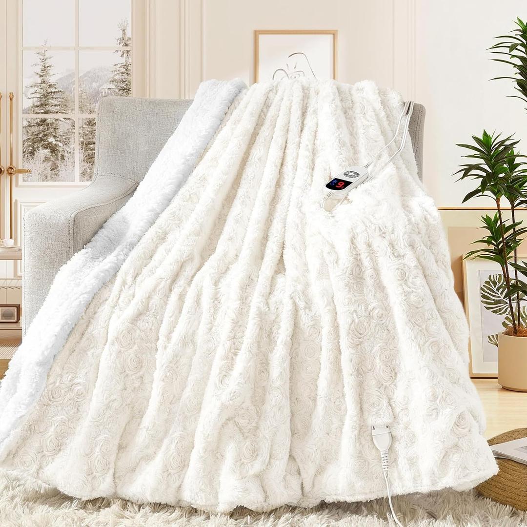 MAXEVE Heated Blanket Electric Throw 50"x60" Faux Rabbit Fur Sherpa Blankets with 6 Heating Sets & 12 Hours Auto Off, Warm Gifts for Grandma Wife, ETL Certification (White)