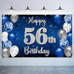 Nelbiirth Happy 56th Birthday Decorations,56th Blue & Silver Balloon Large Birthday Banner Backdrop Sign,Cheers to 56 Years Old Bday Party Supplies.