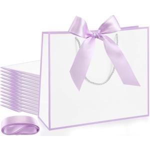 Silkfly 12 Pcs Thank You Gift Bags with Handle 12x10x4'' Welcome Elegant Gifts Bag with Bow Ribbon for Mother's Day Wedding Graduation Bridesmaid Baby Shower Birthday Housewarming (White,Lavender)