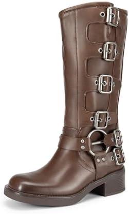 DREAM PAIRS Women's Knee High Riding Boots Side Zipper Motorcycle Boots Square Toe Chunky Heel Fashion Buckles Biker Boots, Size 9