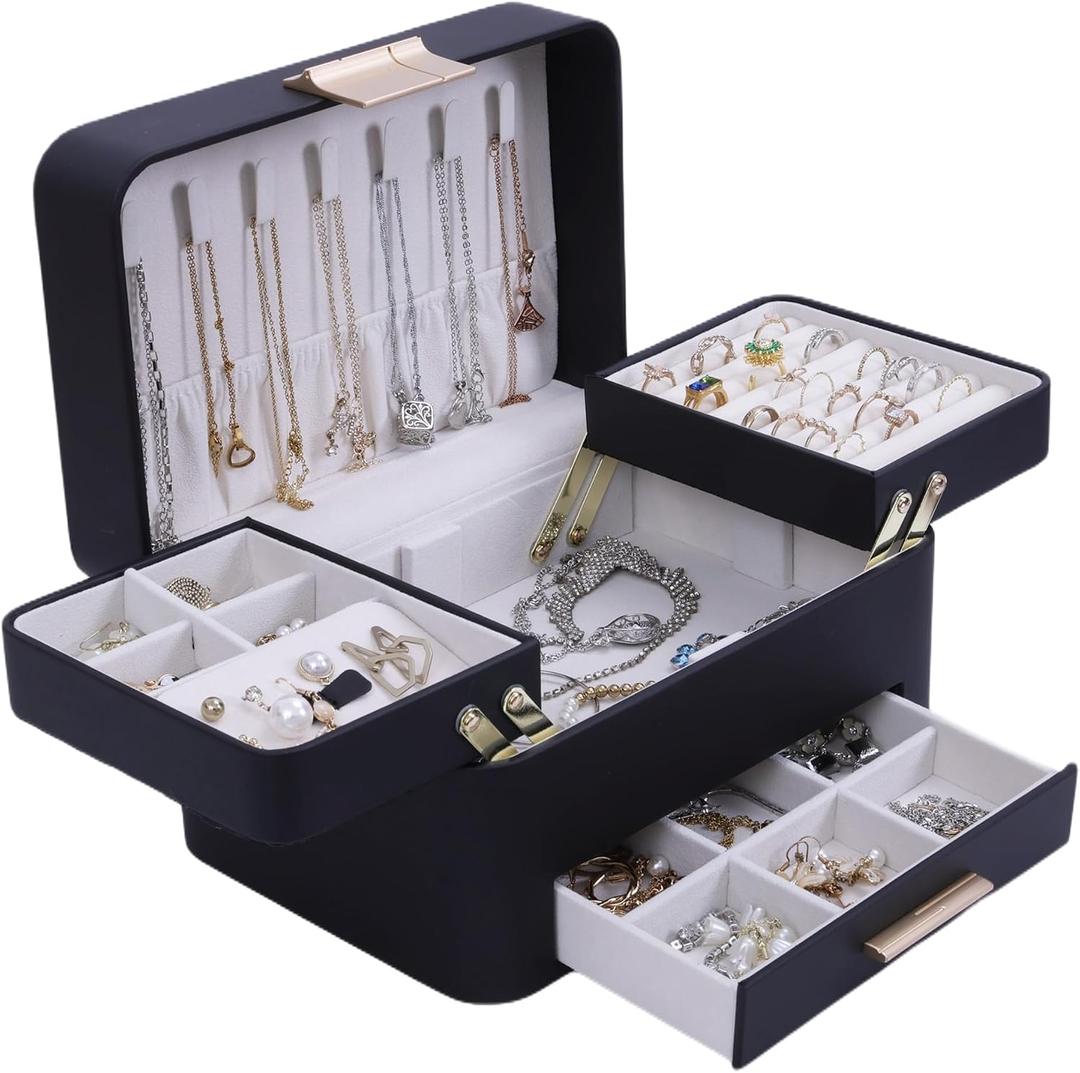 KAMIER Jewelry Box, Jewelry Organizer with Drawers, 3 Layers Jewelry Storage Organizer for Earring, Ring, Necklace, Bracelets, Gift for Women, Girls, Men, Black