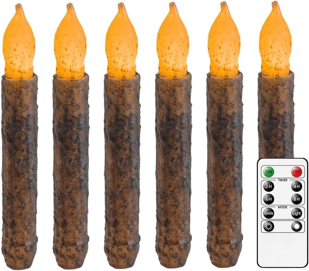 6.5'' Real Wax Primitive Candles Hand Dipped Rustic Flameless Taper Candle with Timer Remote for Vintage Home Kitchen, Country Room, Christmas Halloween Decor