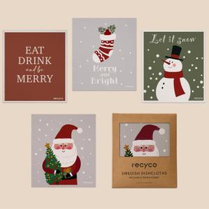 RECYCO 4 Pack Christmas Swedish Dishcloths for Kitchen | Classic Red Washable Dish Towels | Cellulose Reusable Cleaning Paper Towels | Absorbent Counter Dish Cloth Sponge Kitchen Wipes, 7" x 8"