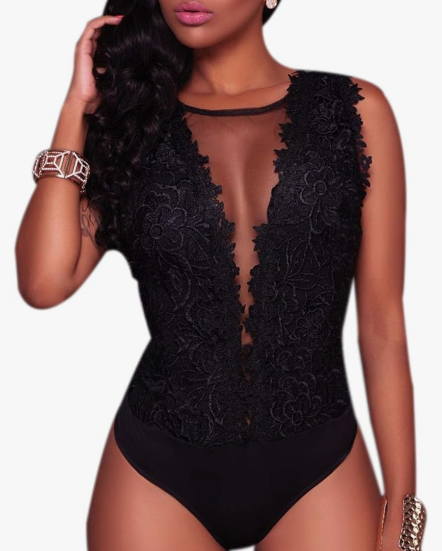 RARITYUS Women Sexy Lace Bodysuit Jumpsuit See Through Mesh Sleeveless/Long Sleeve Tops Swimsuit for Party Outfit XL