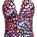 Yonique Women's Halter Tankini Top V Neck Swim Top Tummy Control Bathing Suit (Large, Colorful Leopard)